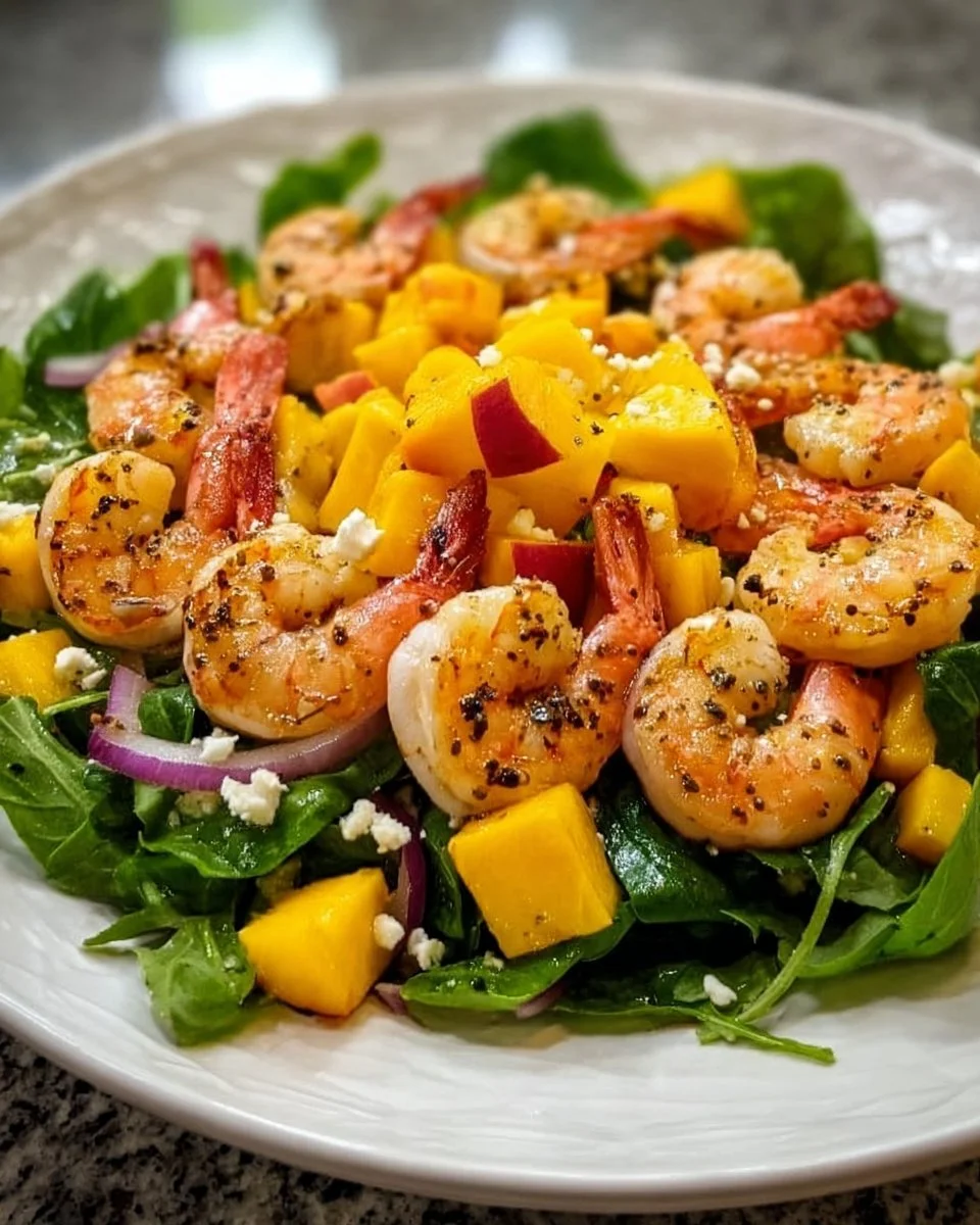 Shrimp and nectarine salad with greens and a citrus dressing