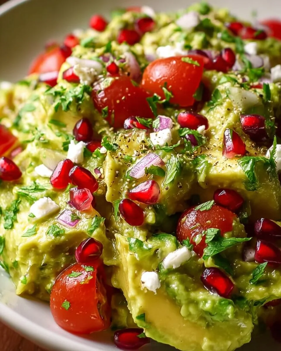 Festive Christmas Guacamole served in a bowl, topped with red and green ingredients.