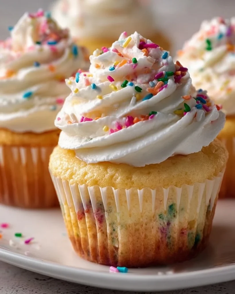 Close-up of simple funfetti cupcakes topped with colorful sprinkles.