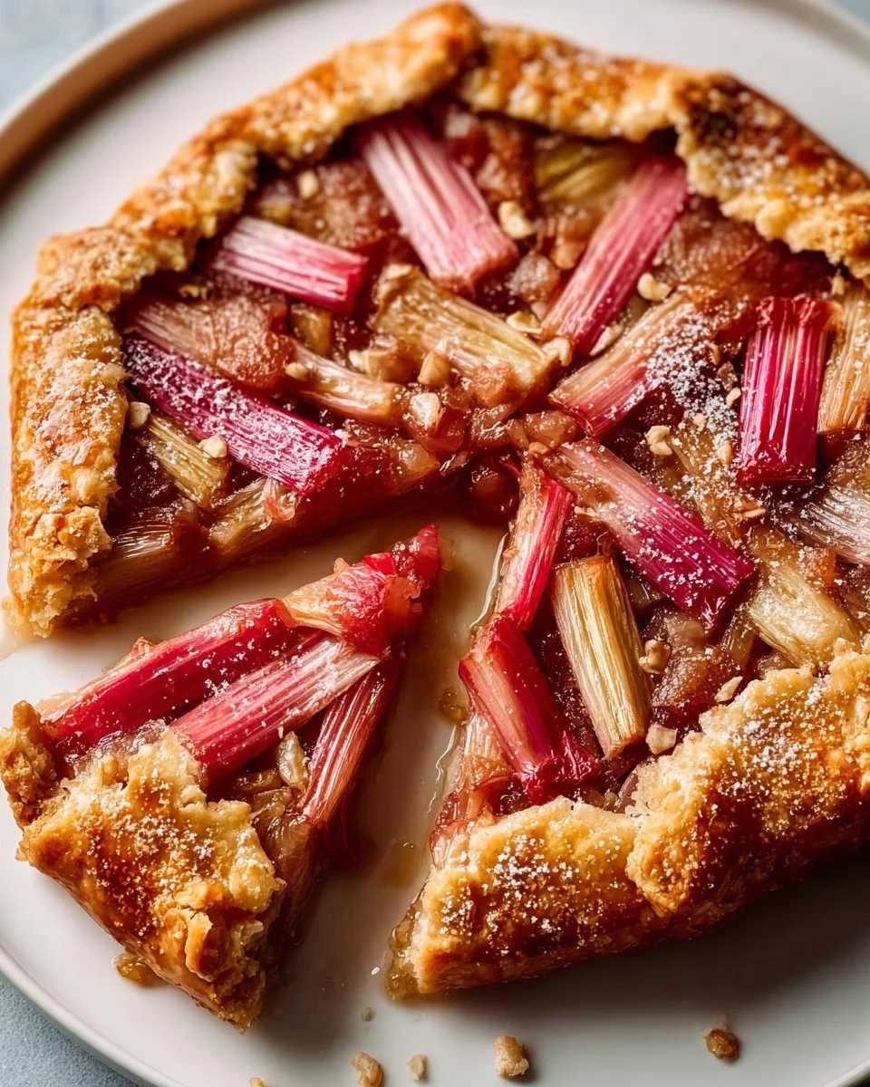 Simple rhubarb galette with frangipane and fresh ingredients on a plate