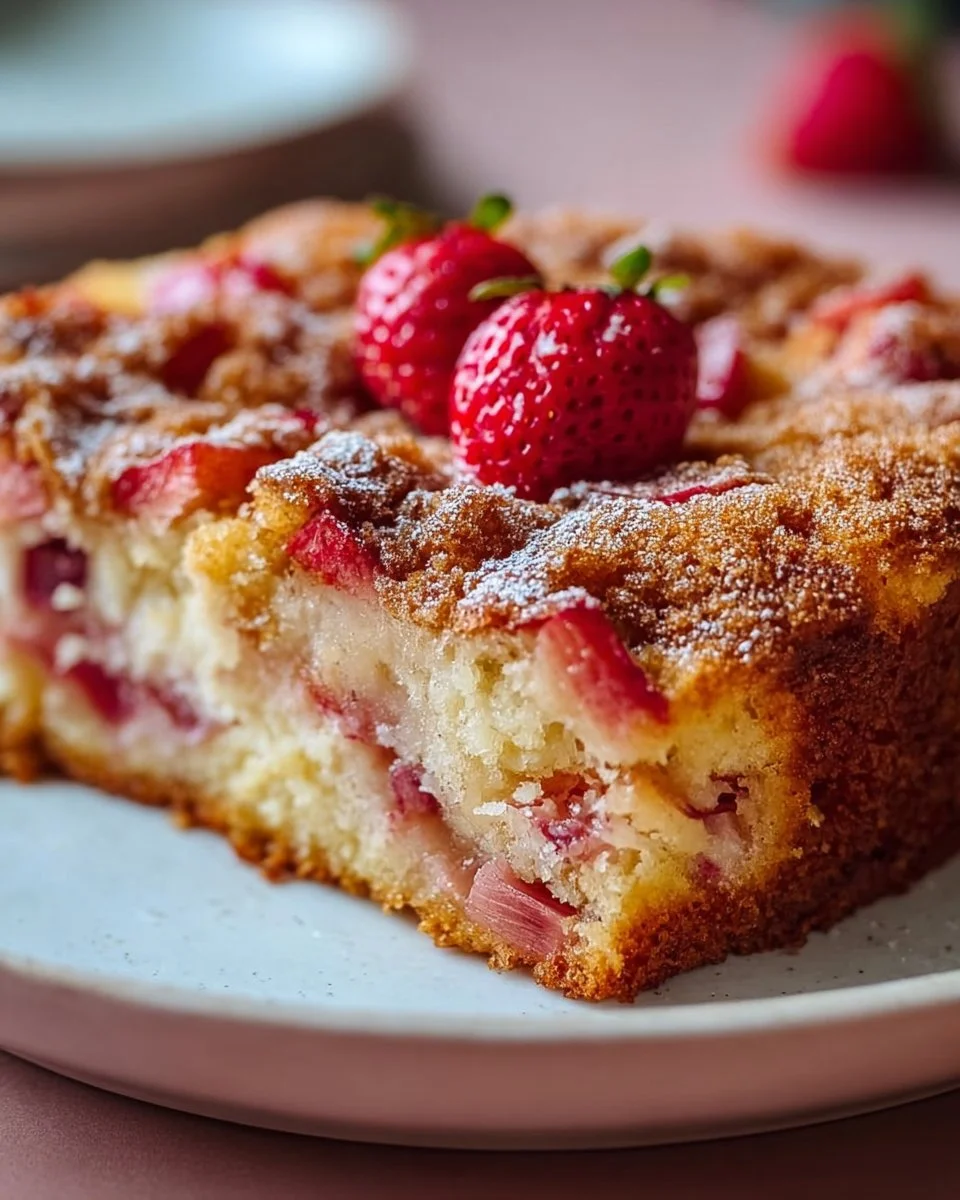 Simple strawberry rhubarb yogurt cake with fresh strawberries and rhubarb