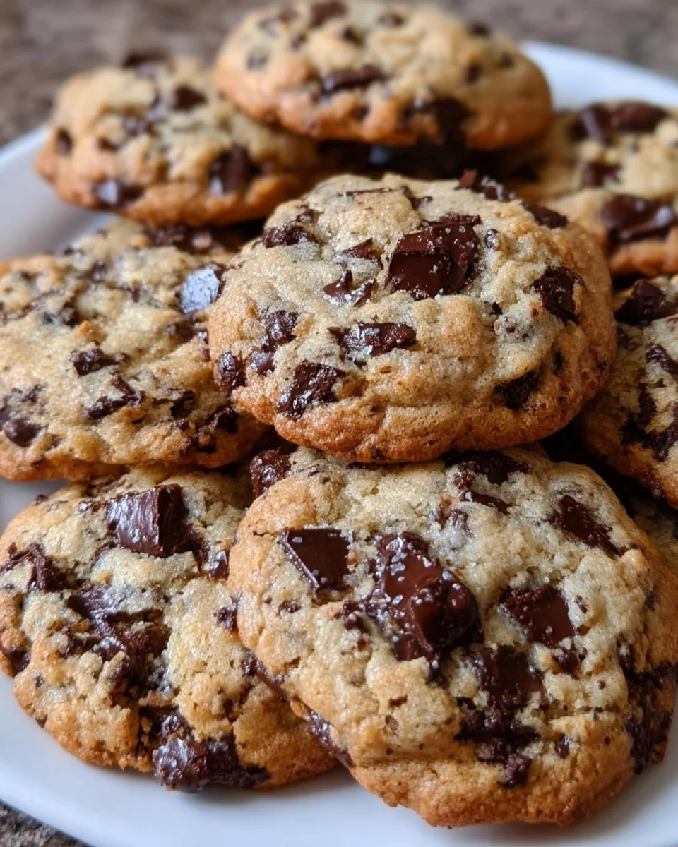 Freshly baked sourdough discard chocolate chip cookies on a baking tray.