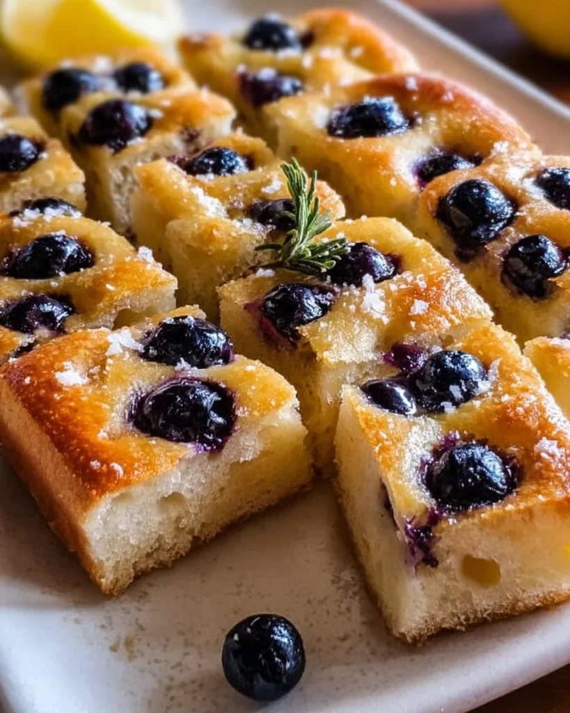 Homemade sourdough lemon blueberry focaccia bread fresh out of the oven.