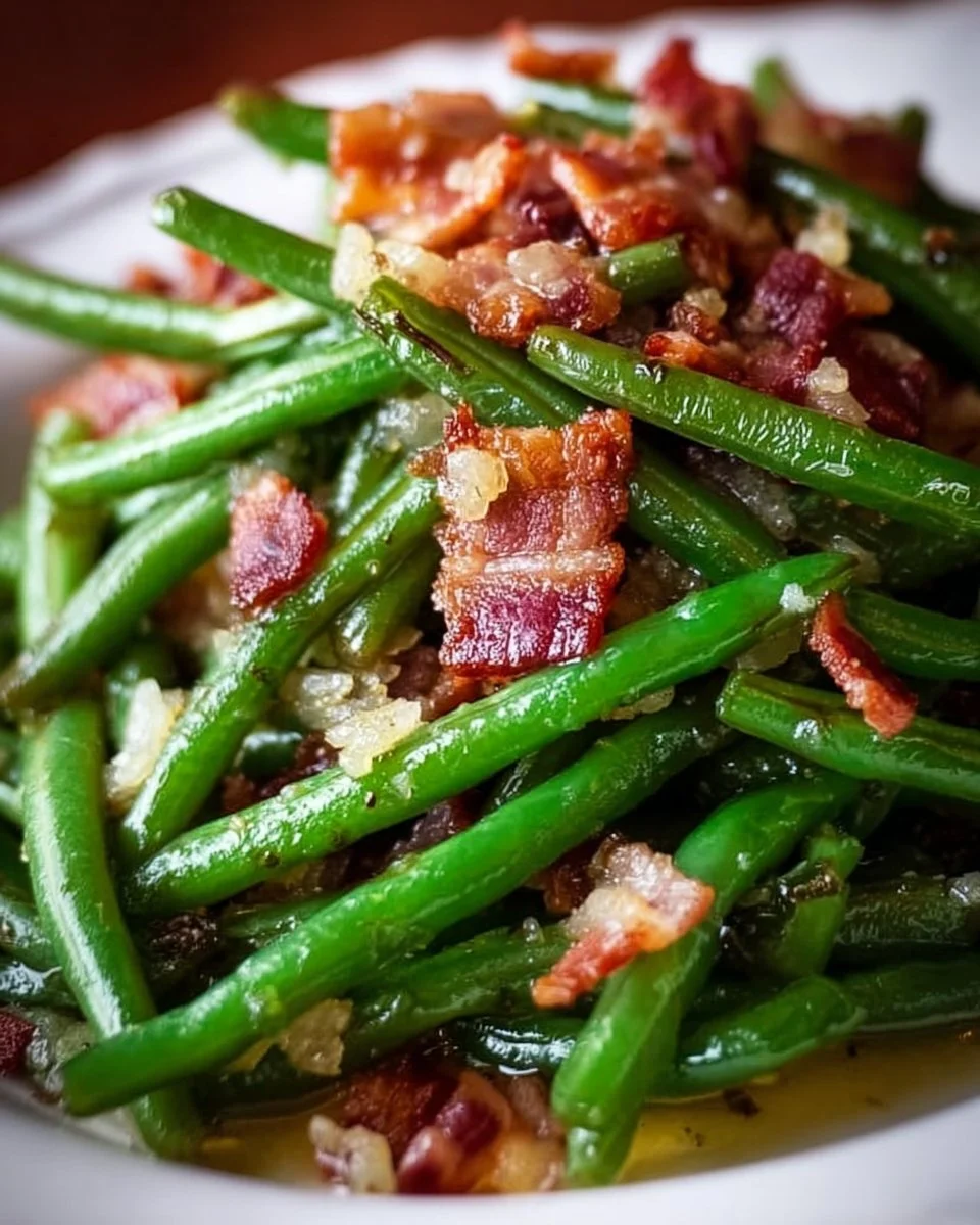 Southern Bacon Green Beans dish with crispy bacon and fresh green beans