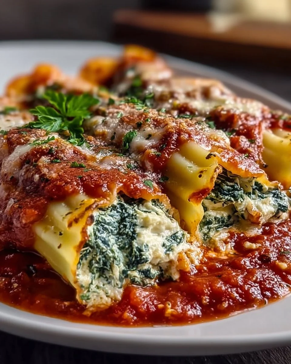 Plate of spinach and ricotta stuffed manicotti garnished with fresh basil