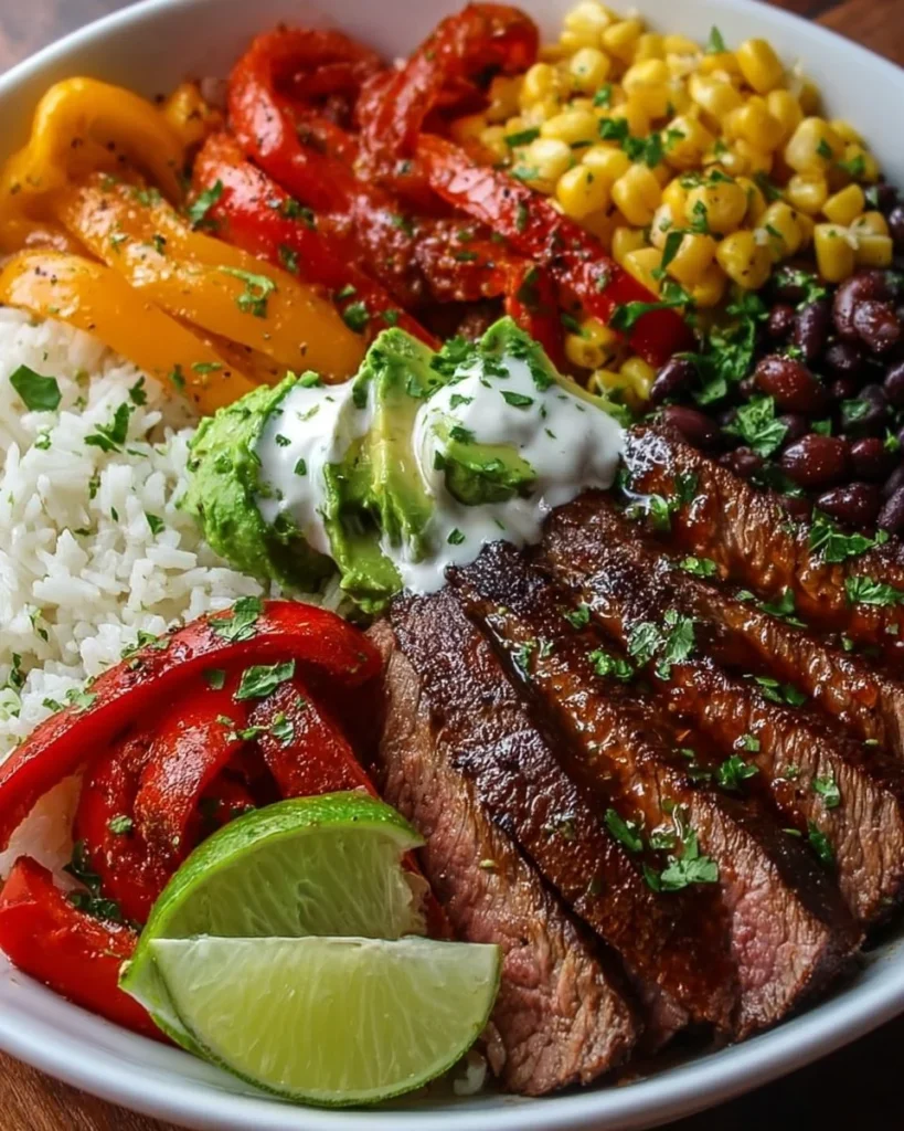 Colorful Steak Fajita Power Bowl with peppers and onions over rice.