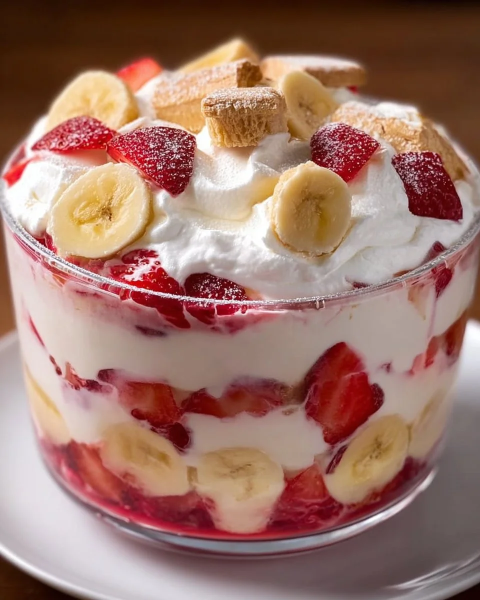 Delicious strawberry banana pudding served in a glass bowl.