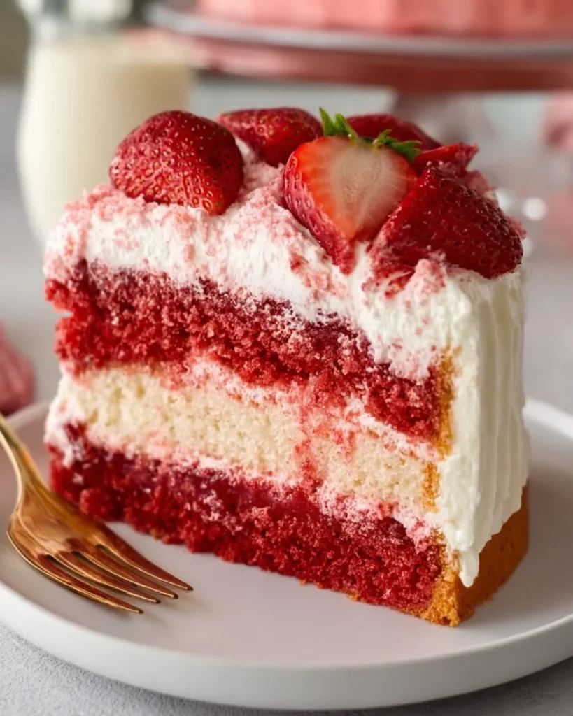 Delicious homemade strawberry cake topped with fresh strawberries and whipped cream.