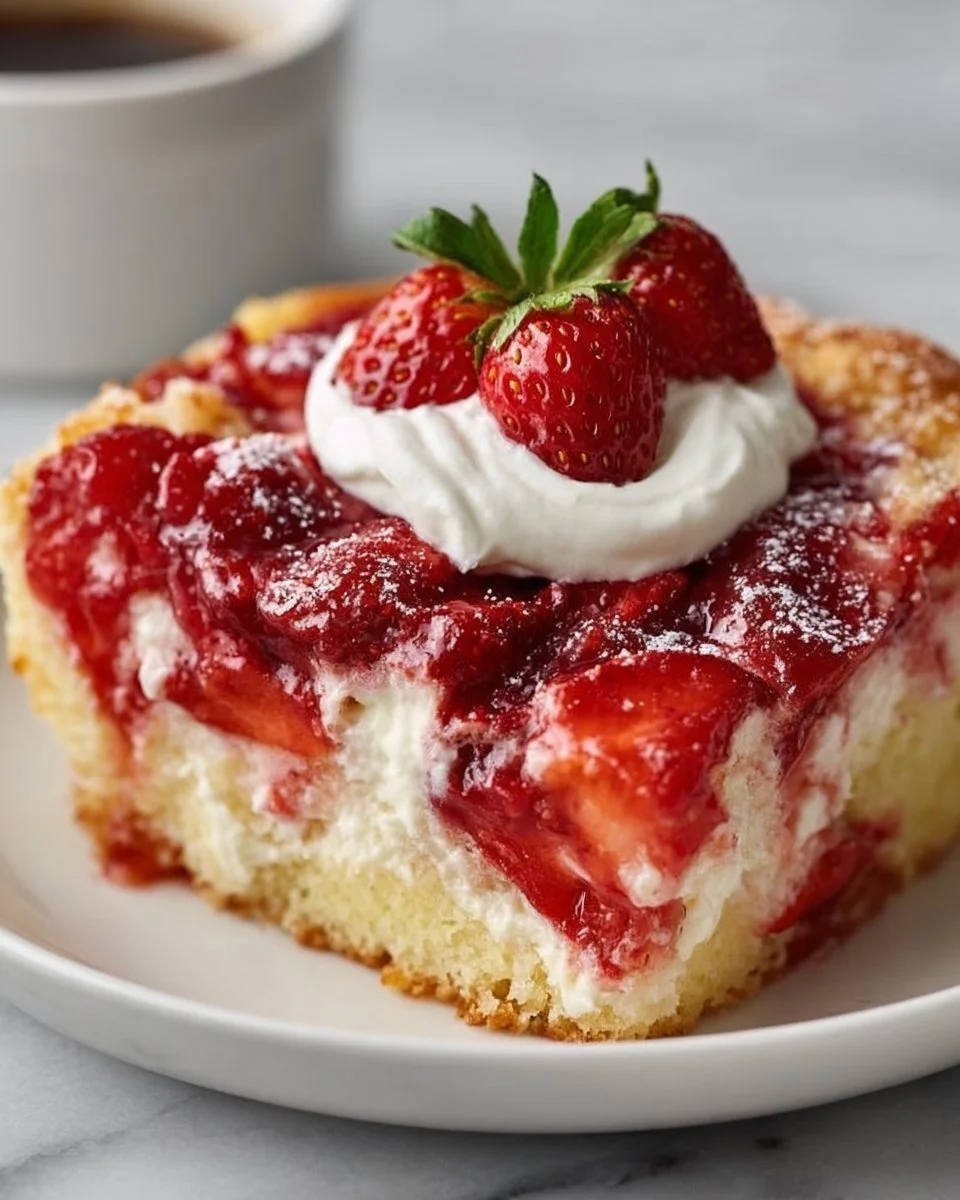 Strawberry Cheesecake Dump Cake topped with fresh strawberries and whipped cream.