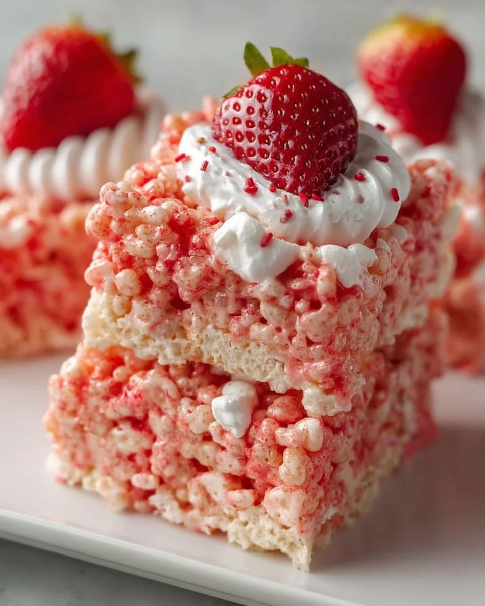 Strawberry Rice Krispie Treats with fresh strawberries and marshmallows