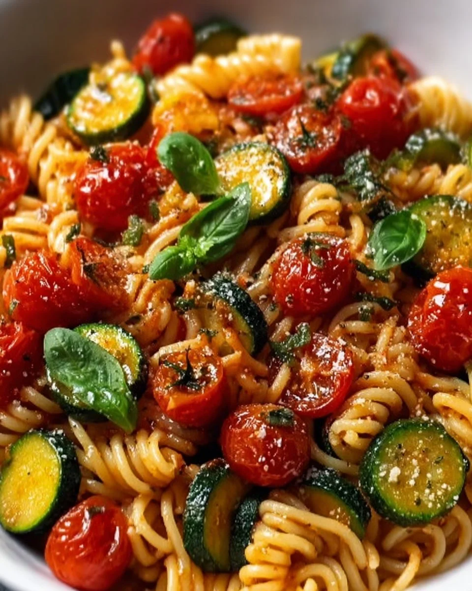 Plate of delicious Tomato Zucchini Pasta with fresh herbs and vegetables