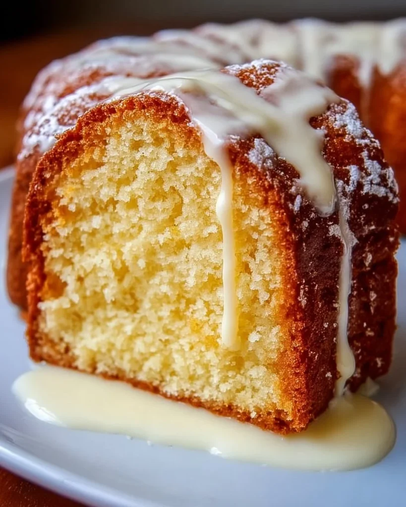Slice of Vanilla Buttermilk Pound Cake with Cream Cheese Glaze on a plate