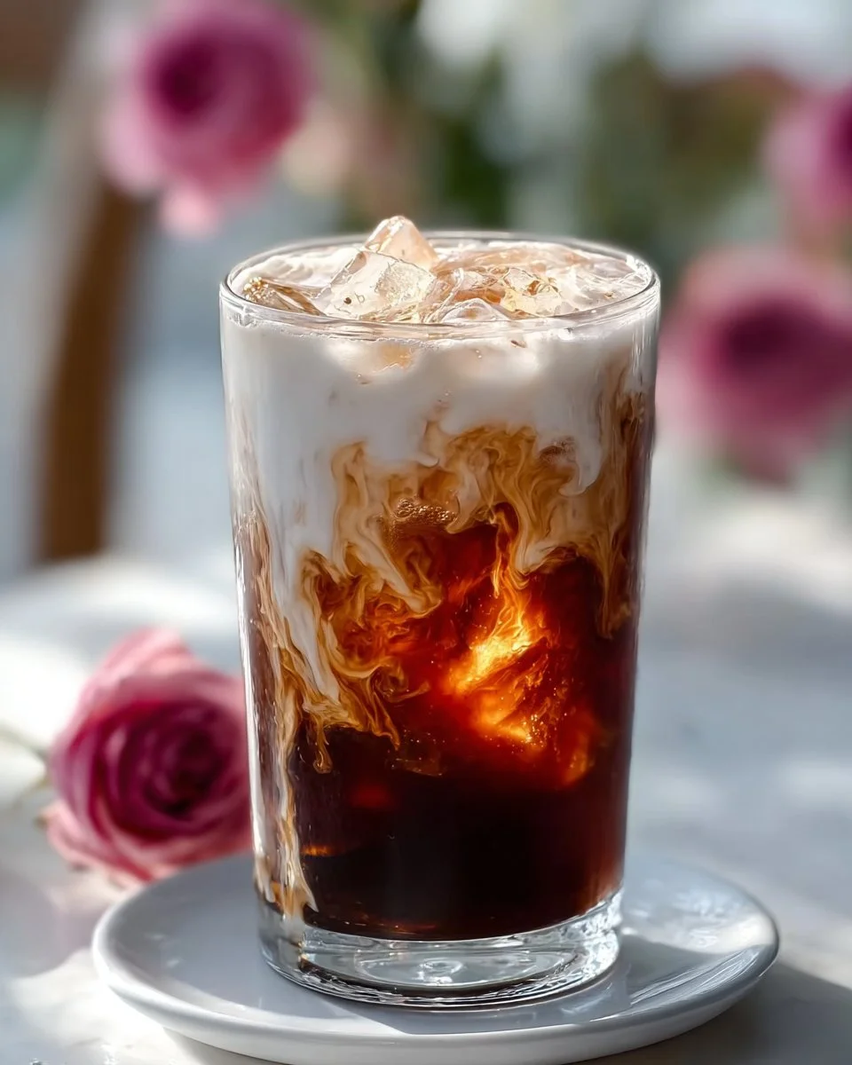 Vanilla Rose Sweet Cream Cold Brew in a glass with rose petals