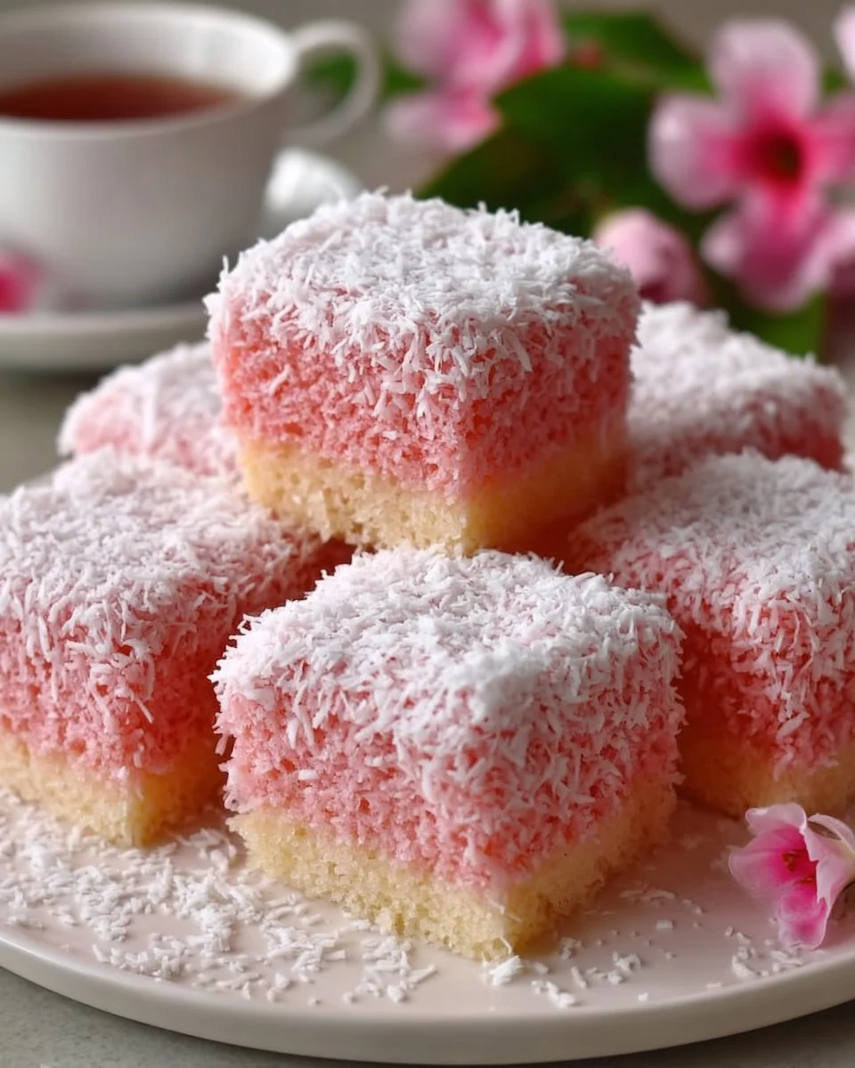Vintage Australian Pink Coconut Cakes decorated with coconut flakes on a white plate