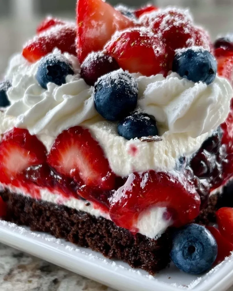 Delicious 4th of July dessert lasagna with layers of cream and berries