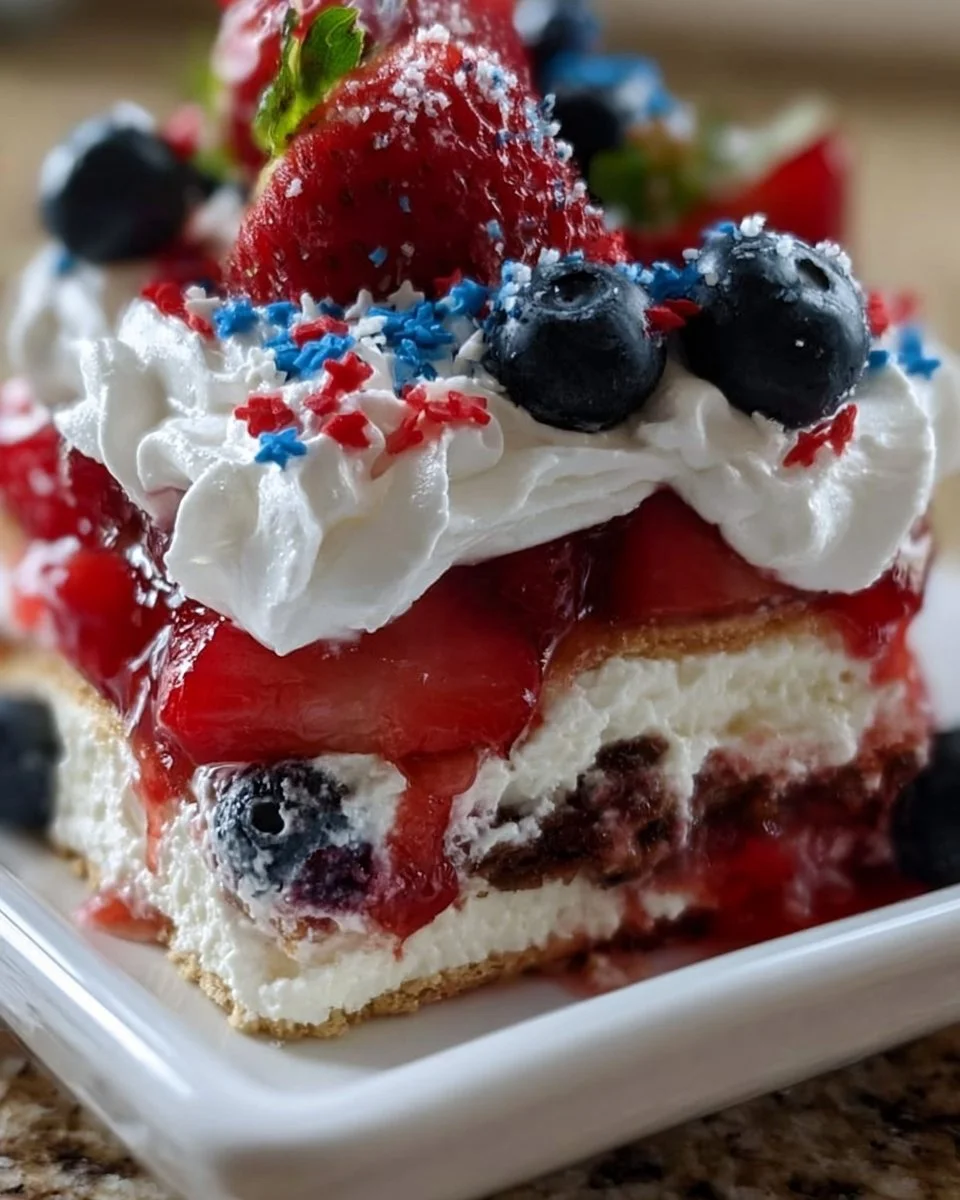Delicious 4th of July dessert lasagna with vibrant layers and festive toppings