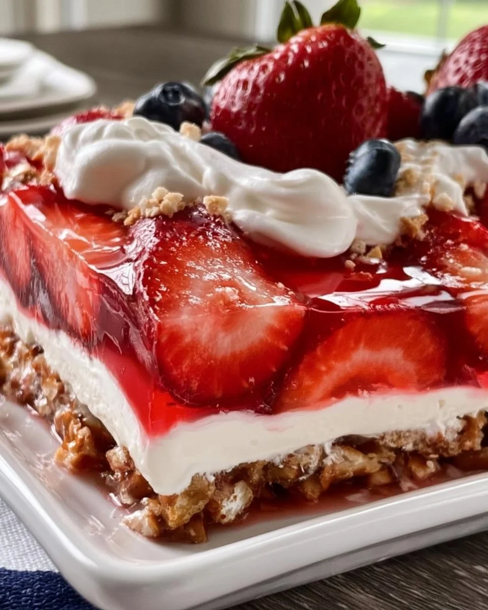 4th of July Strawberry Pretzel Salad with fresh strawberries and pretzel crust