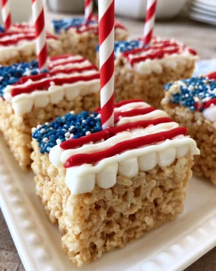 American Flag Rice Krispie Treats decorated with red, white, and blue.