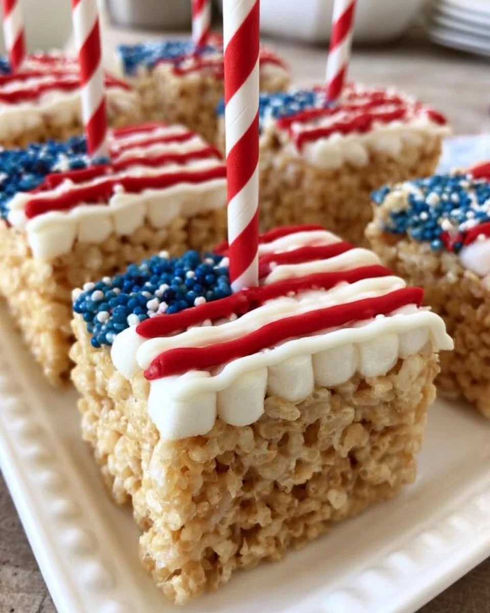 American Flag Rice Krispie Treats decorated with red, white, and blue.