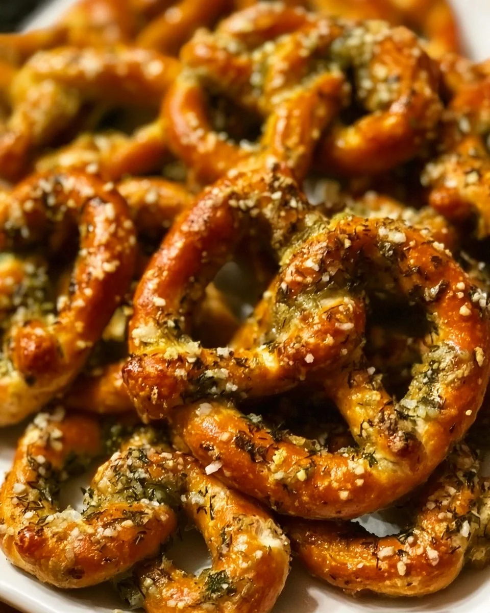 Delicious baked dill pickle pretzels on a serving platter