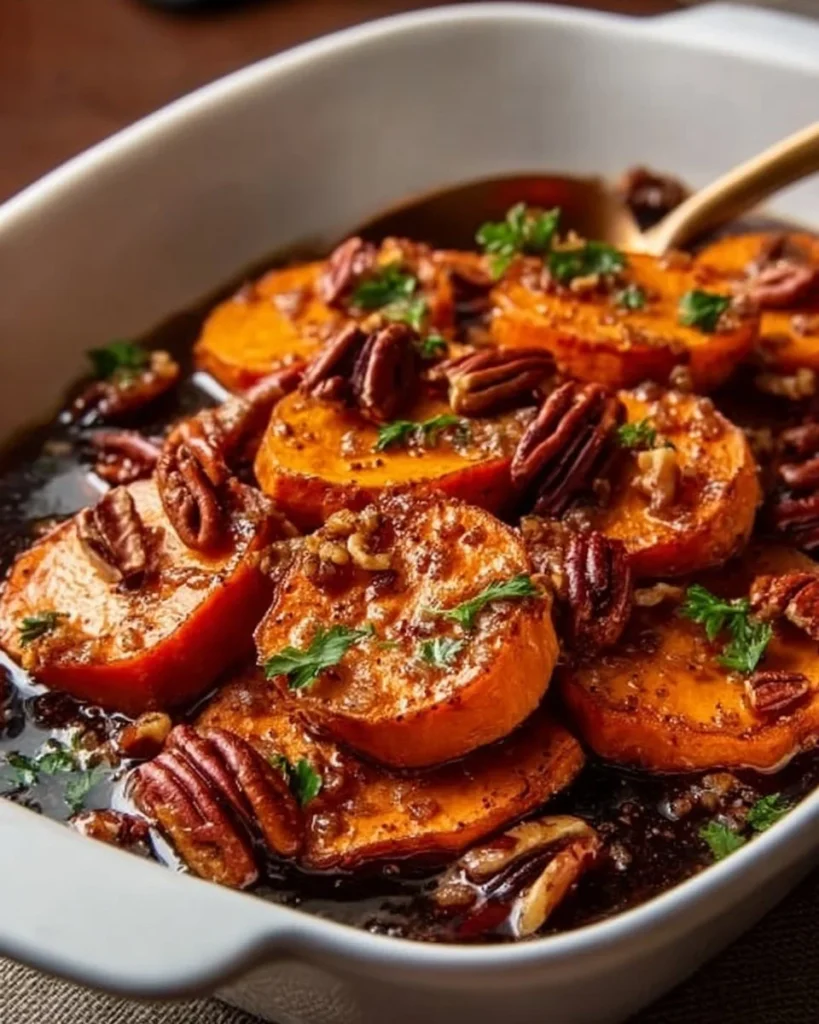 Braised sweet potatoes topped with Piri Piri pecans in a serving dish
