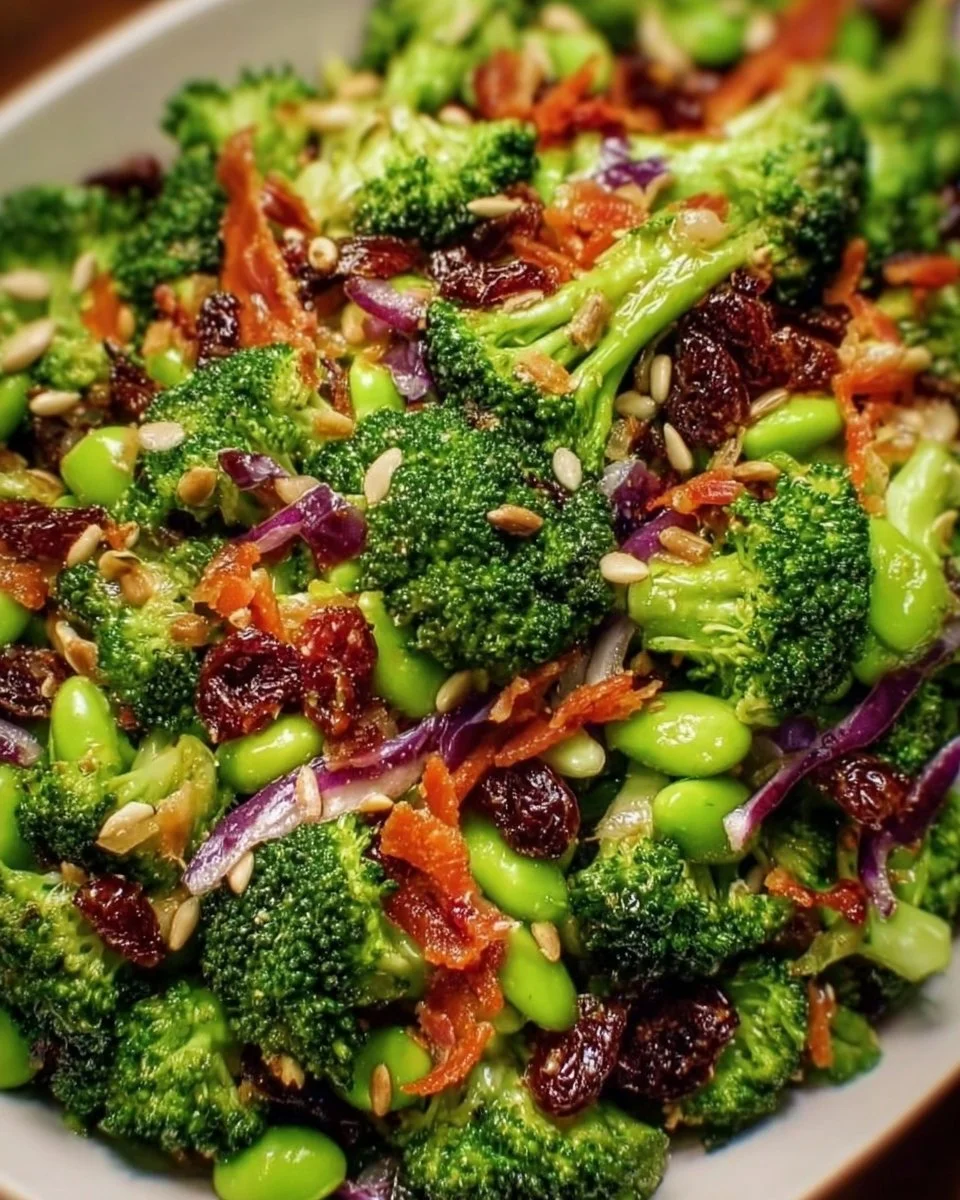 Fresh broccoli salad with vegetables and dressing on a plate