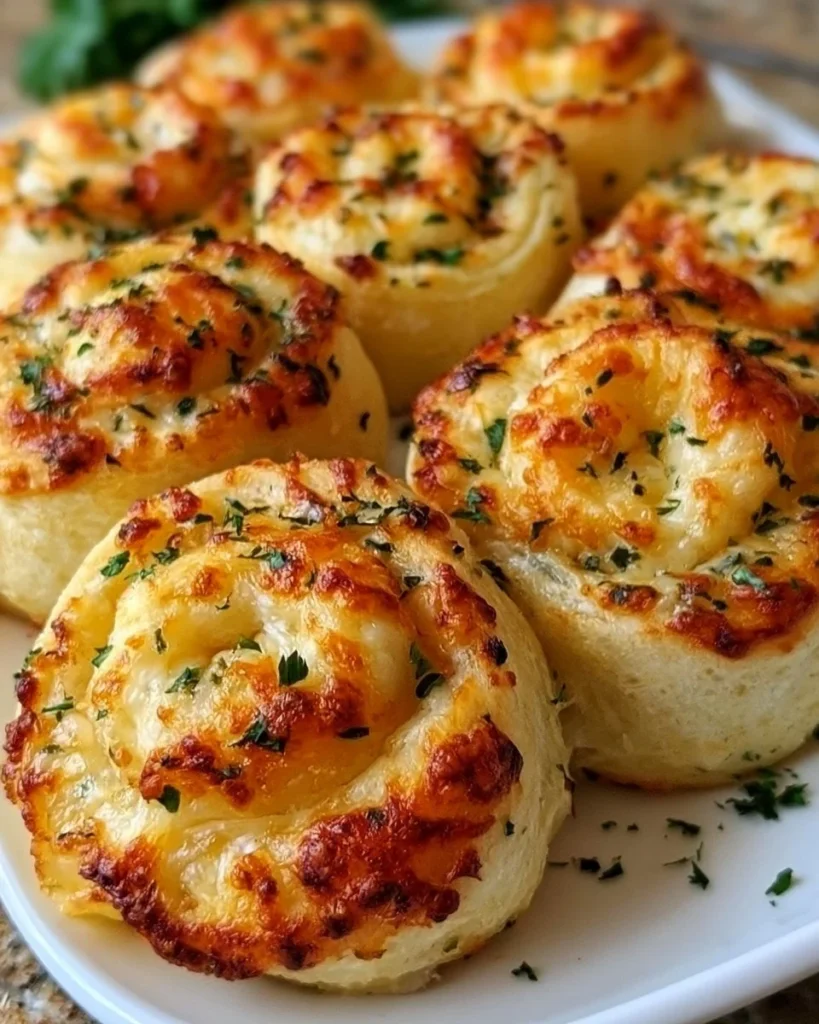 Cheesy garlic butter rollups on a plate garnished with herbs.
