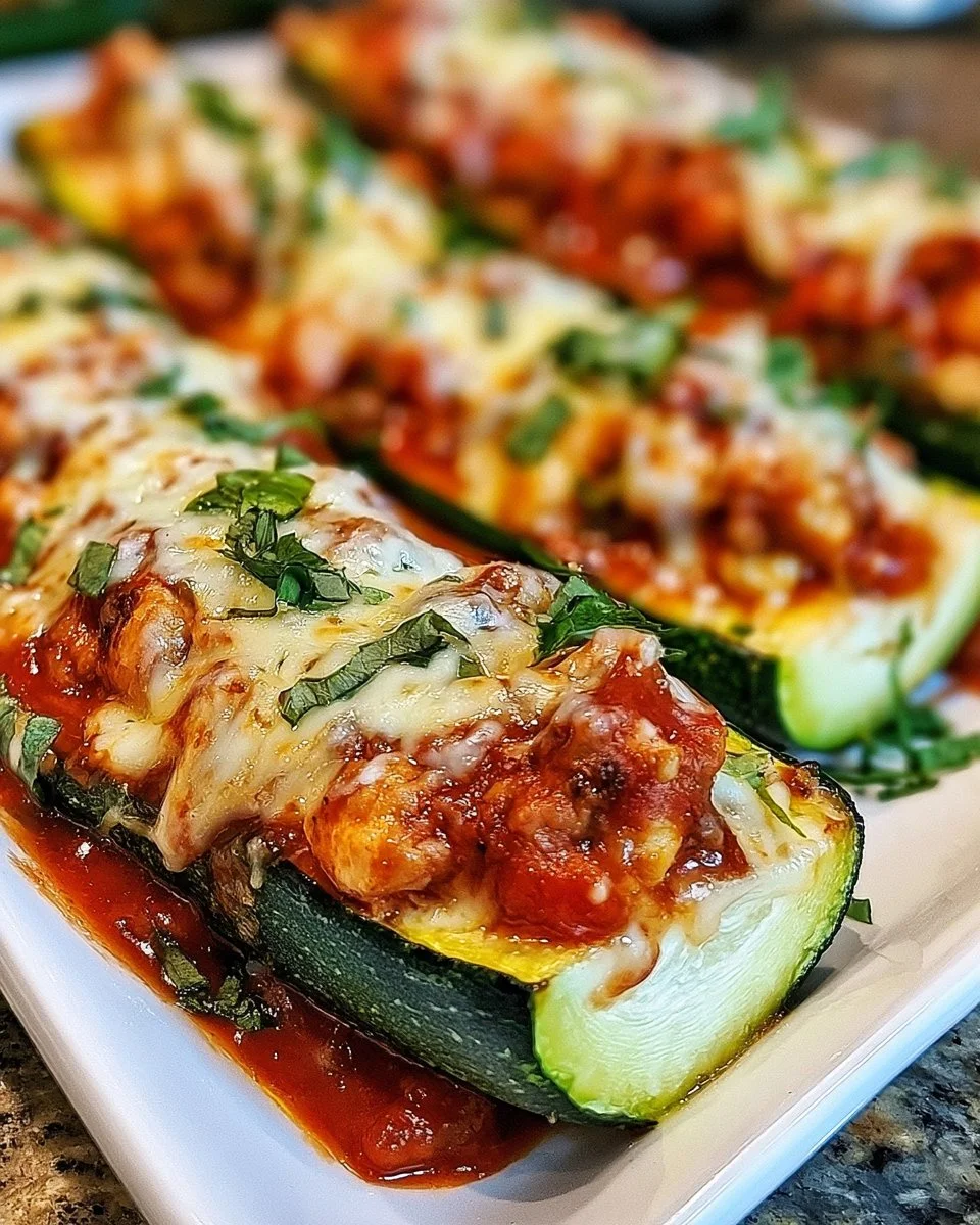 Delicious Chicken Parmesan Zucchini Boats topped with melted cheese and marinara sauce.