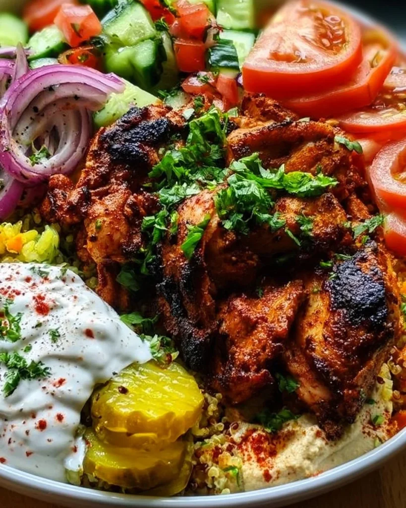 Delicious Chicken Shawarma Bowl filled with spices, fresh vegetables, and sauces.