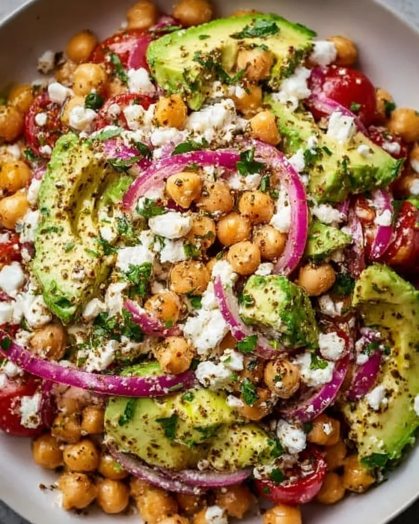 Chickpea Avocado Feta Salad with fresh ingredients in a bowl