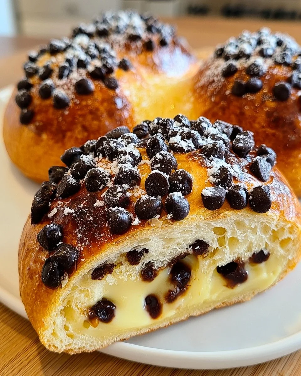Delicious chocolate chip vanilla custard brioches ready to be enjoyed