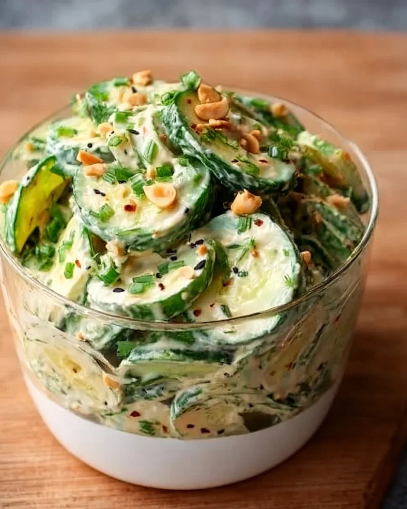 Creamy Asian cucumber salad bowl with fresh vegetables