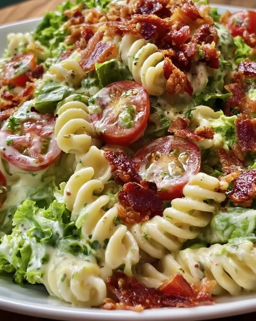 Creamy BLT pasta salad with bacon, lettuce, and tomatoes in a bowl