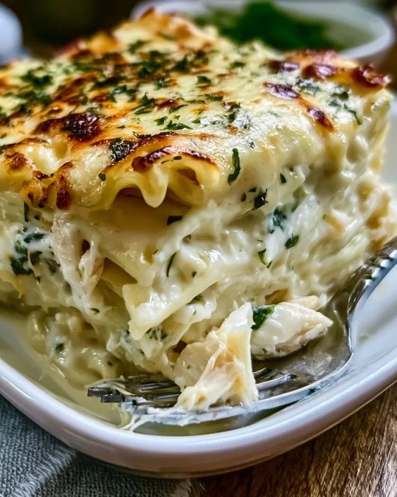 Delicious creamy white chicken lasagna garnished with herbs.