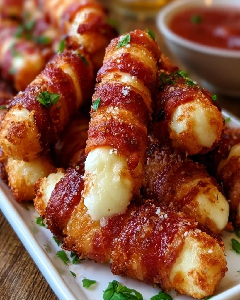 Crispy bacon-wrapped mozzarella sticks served on a platter