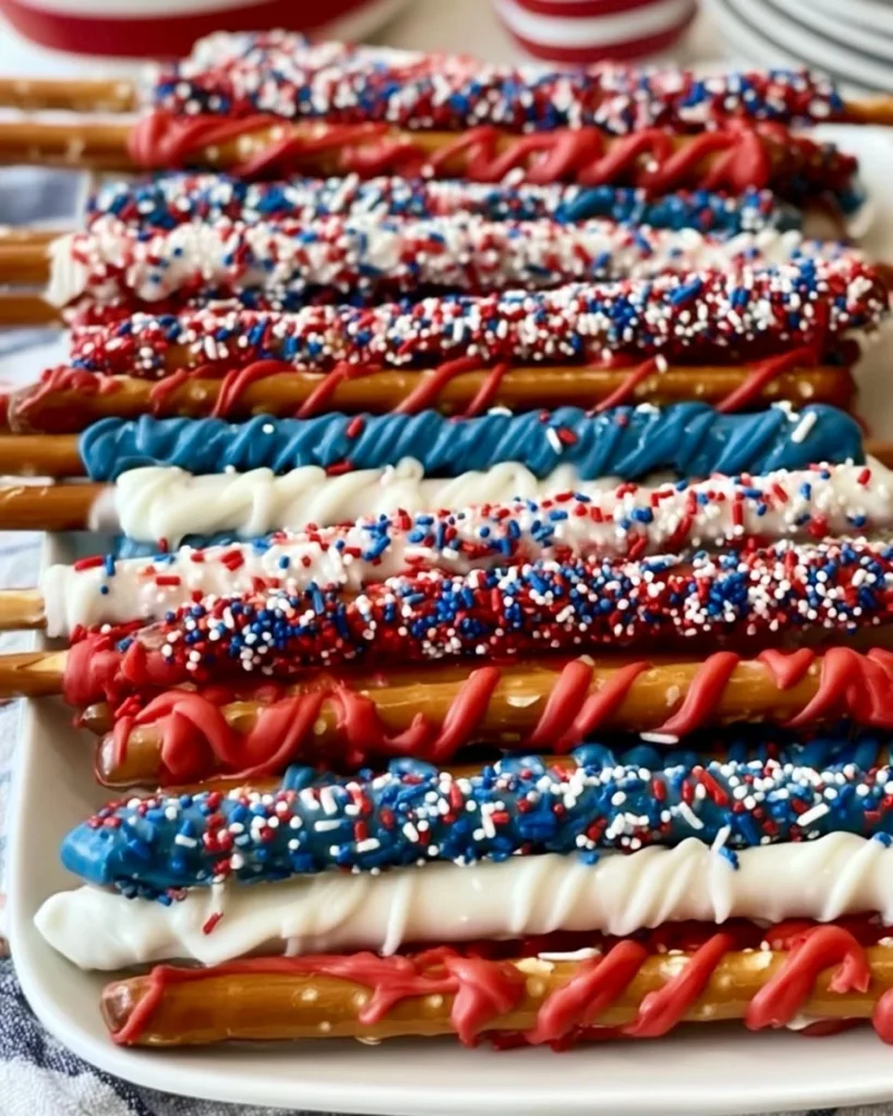 Colorful Fourth of July-themed pretzel rods decorated with sprinkles.