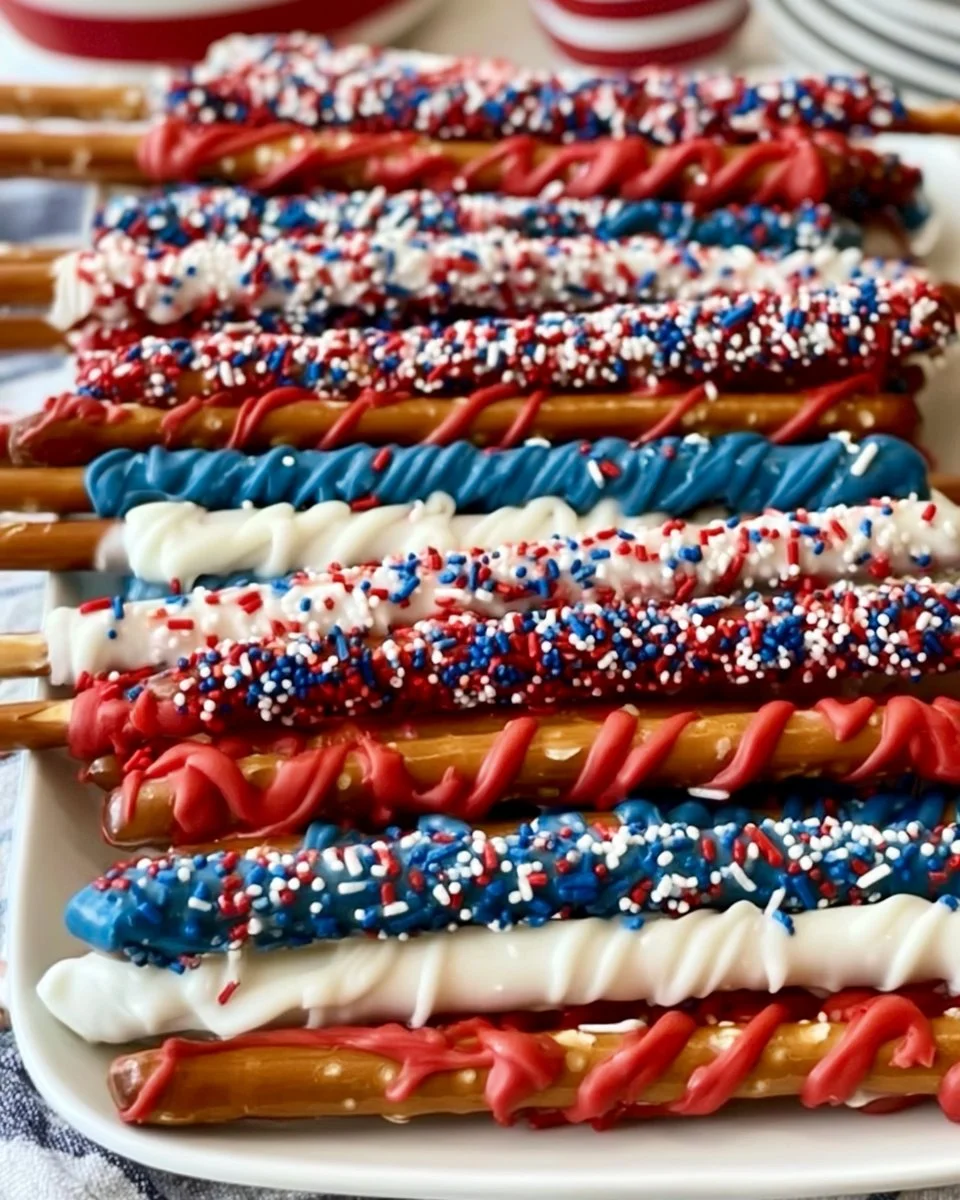 Colorful Fourth of July-themed pretzel rods decorated with sprinkles.