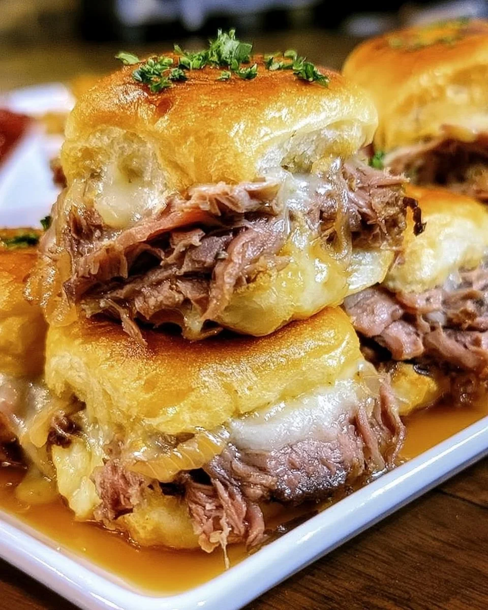 Delicious French Dip Sliders with beef and melted cheese served with au jus.