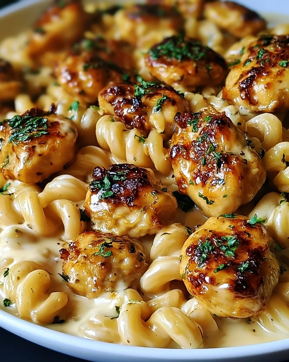 Garlic Butter Chicken Bites with creamy pasta in a delicious serving bowl.