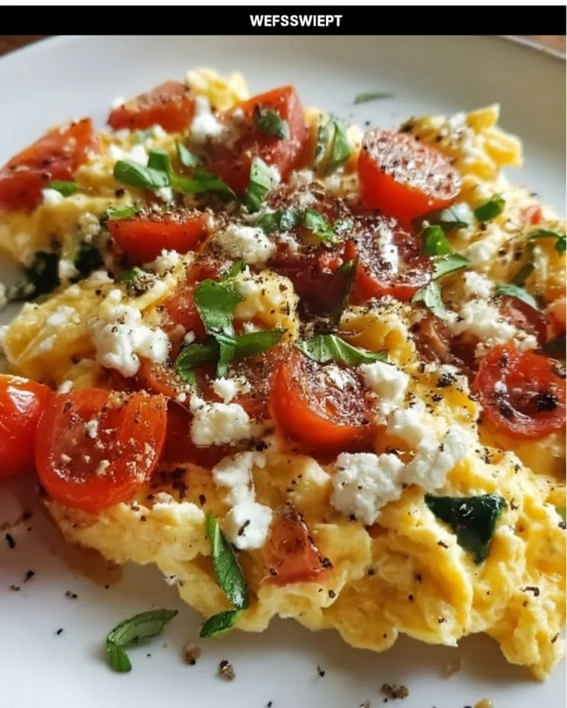Plate of healthy Mediterranean scrambled eggs with vegetables and herbs