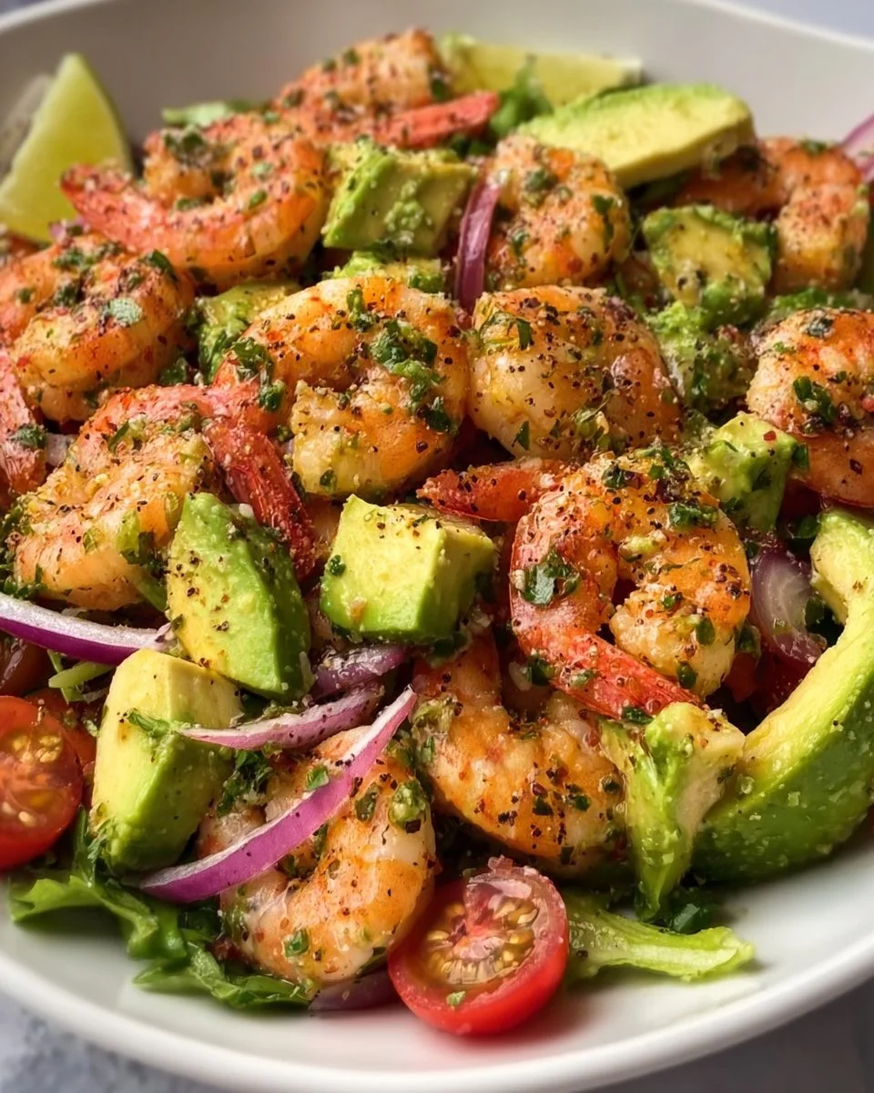 Healthy shrimp avocado salad with fresh ingredients and vibrant colors.
