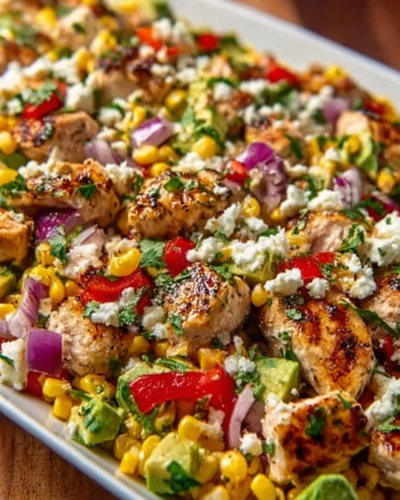 High Protein Chicken Street Corn Salad with vibrant vegetables and dressing