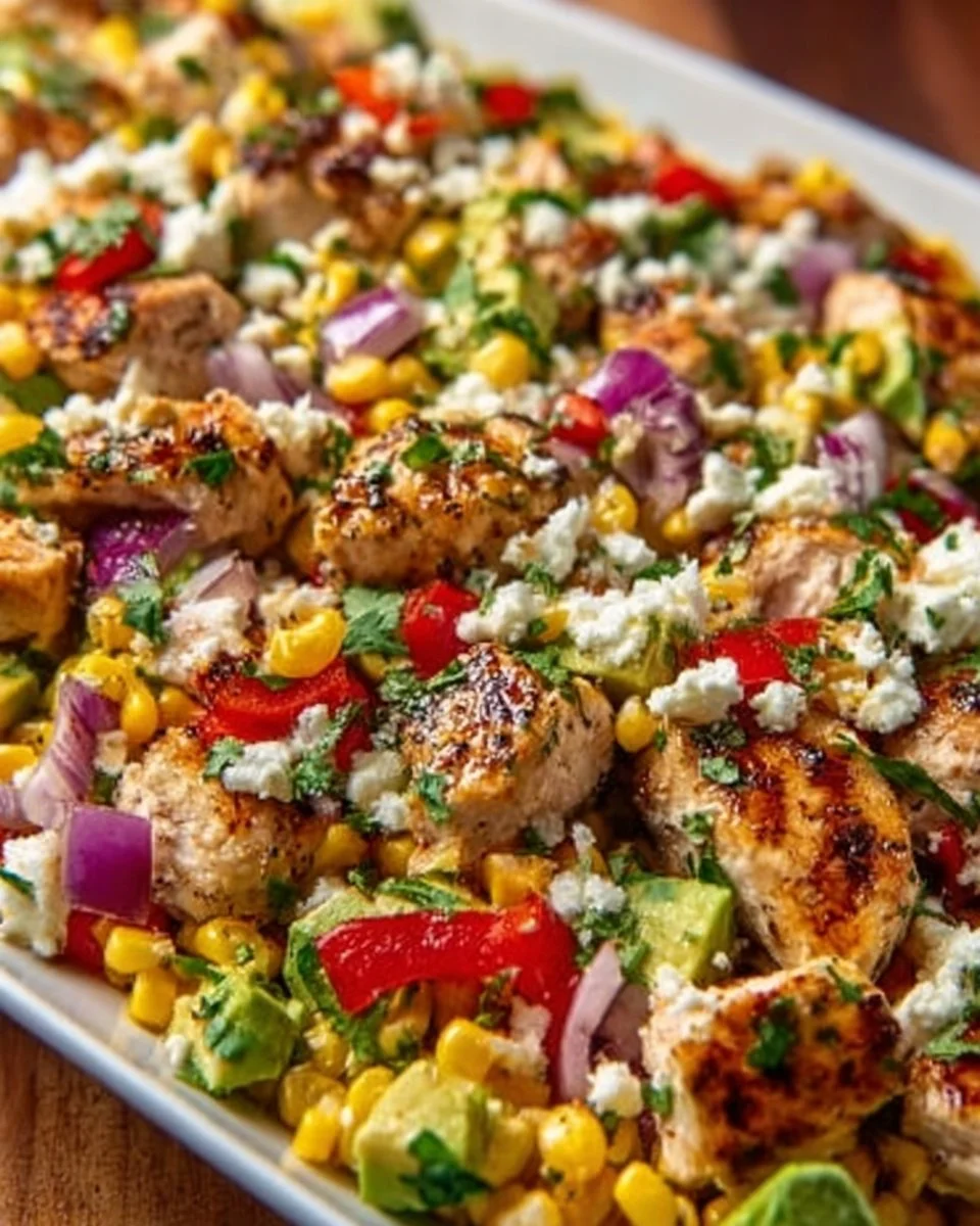 High Protein Chicken Street Corn Salad with vibrant vegetables and dressing