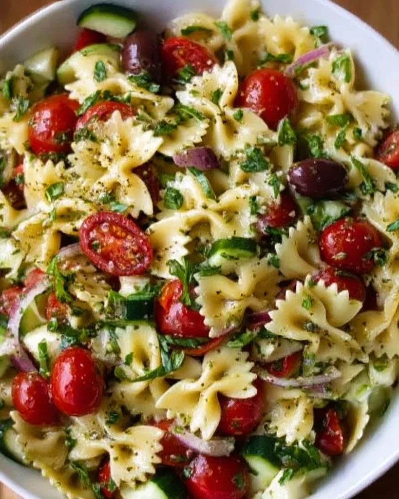 Italian Bow Tie Pasta Salad with colorful vegetables and dressing