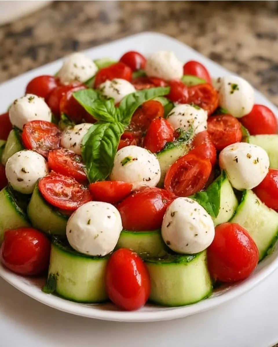 Delicious Cucumber Caprese Salad with fresh basil and mozzarella