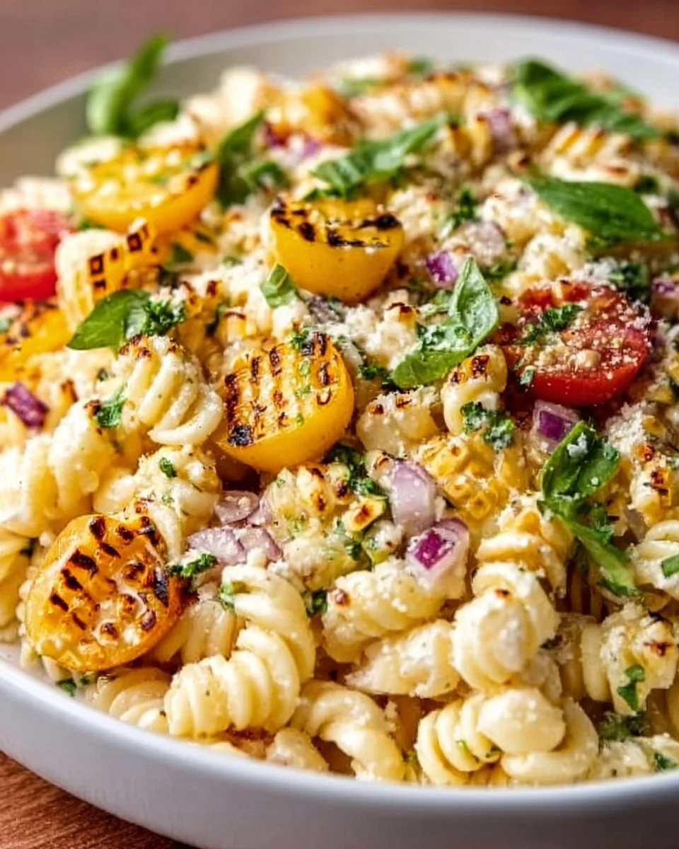 Juicy street corn pasta salad with vibrant vegetables and creamy dressing