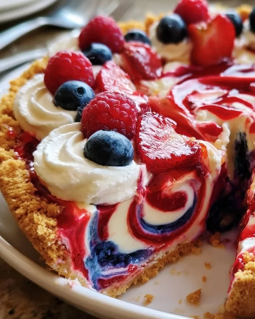No-Bake 4th of July Swirl Pie decorated with red, white, and blue layers.