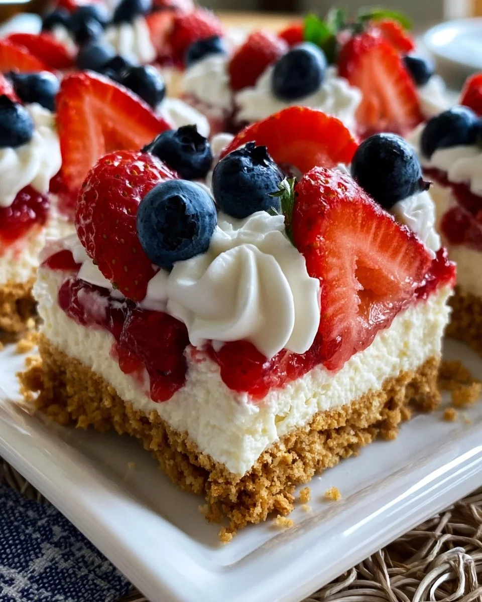 No-Bake Flag Cheesecake Bars topped with red, white, and blue fruits