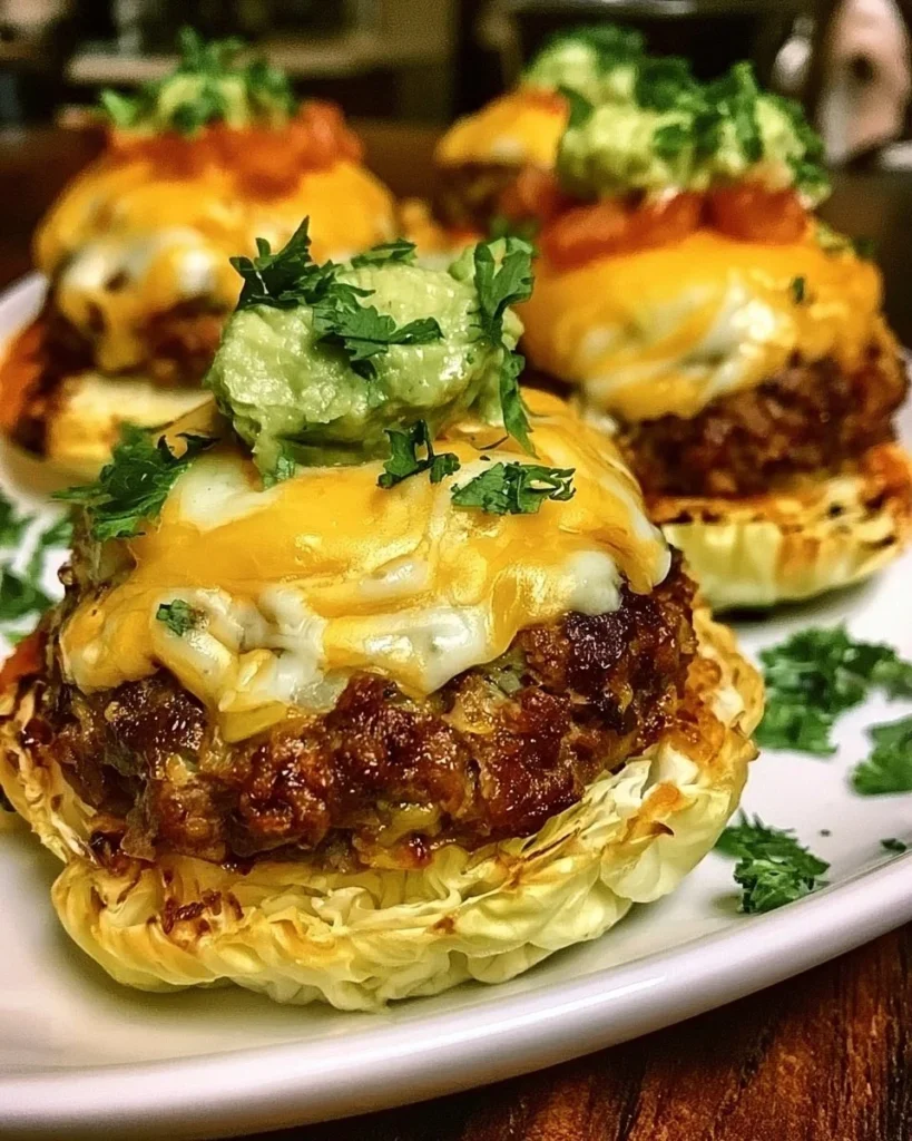 Oven-baked cabbage burgers on a plate with fresh toppings