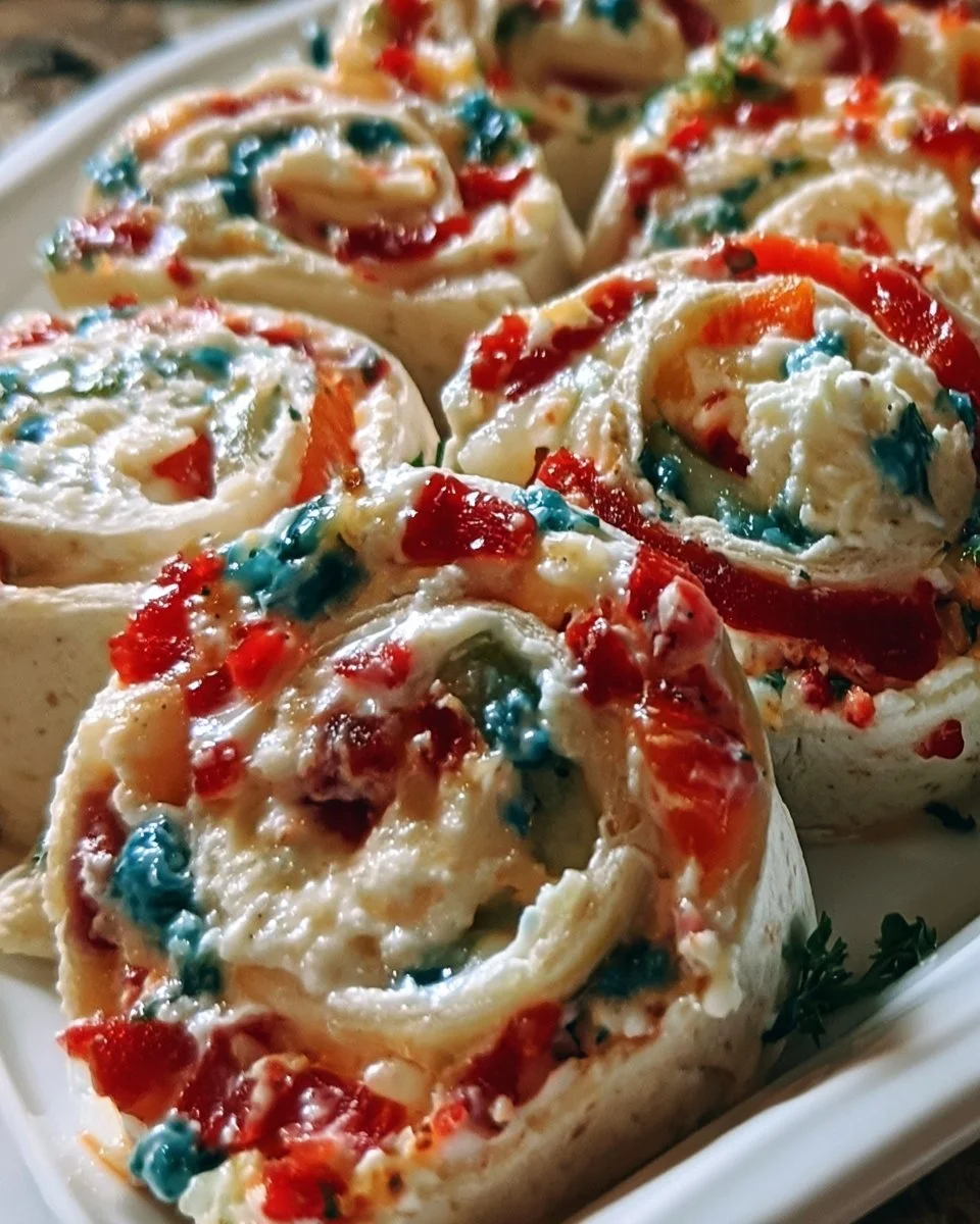Patriotic pinwheel cream cheese appetizers on a serving platter.